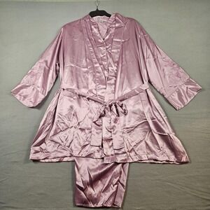 Morgan Taylor Intimates Pajama Set Womens Large Satin Robe Pants Shirt Floral